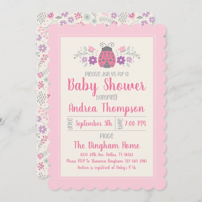 Cute Pink Ladybug Girl Baby Shower Invitation (Front/Back)