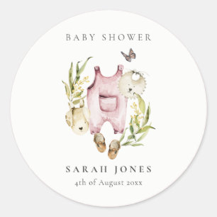 Cute Pink Leafy Foliage Girl Clothes Baby Shower Classic Round Sticker