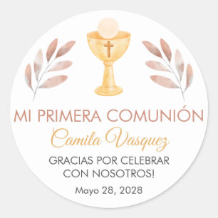 Cute Pink Leaves in Spanish First Communion  Classic Round Sticker