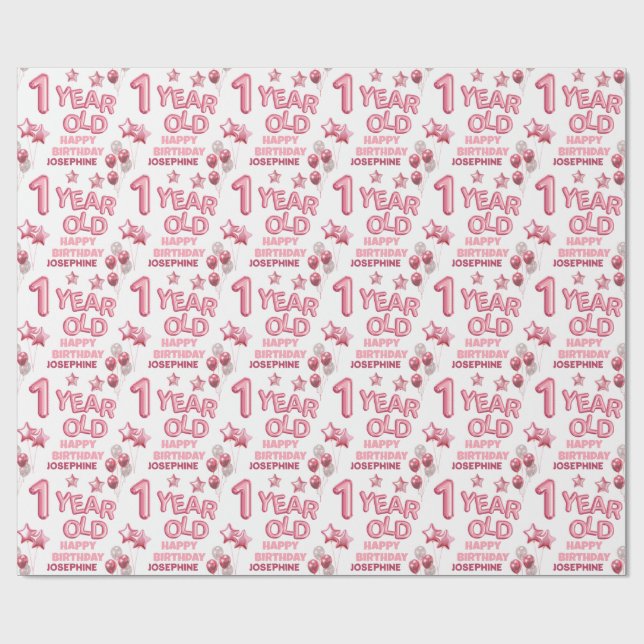 Cute Pink Letter Balloon 1st Birthday Wrapping Pap Wrapping Paper (Flat)