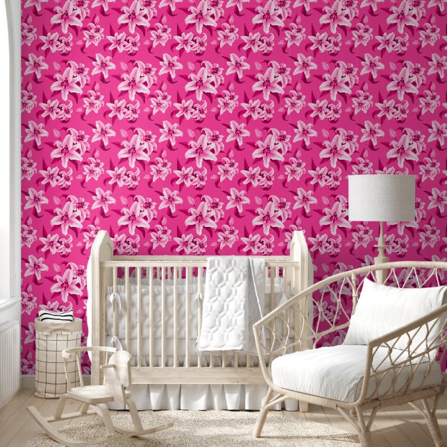 Cute Pink Lily Flower Pattern Kids Wallpaper (Kids)