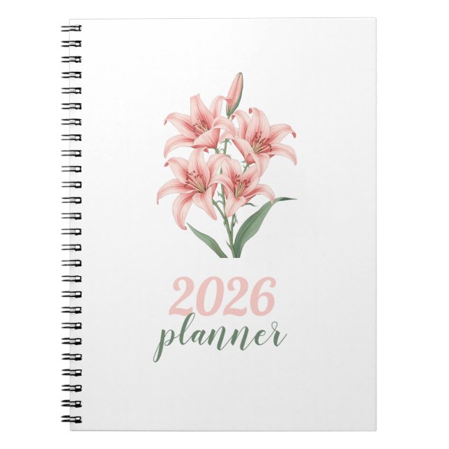 Cute Pink Lily Spiral Planner Notebook (Front)