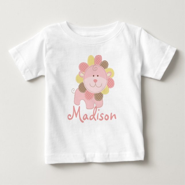 Cute Pink Lion Safari Jungle Personalised Birthday Baby T-Shirt (Front)