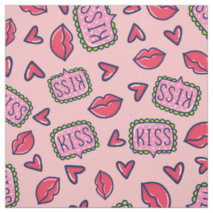 Cute Pink Lips Kisses & Hearts Doodle Patterned Fabric