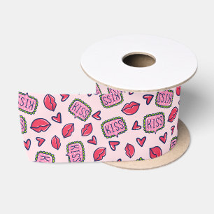 Cute Pink Lips Kisses & Hearts Doodle Patterned Satin Ribbon