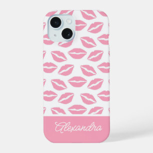 Cute Pink Lipstick Kisses Script Name iPhone 15 Case