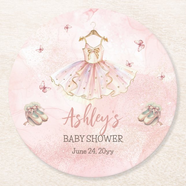 Cute Pink Little Ballerina Tutu Girl Baby Shower Round Paper Coaster (Front)