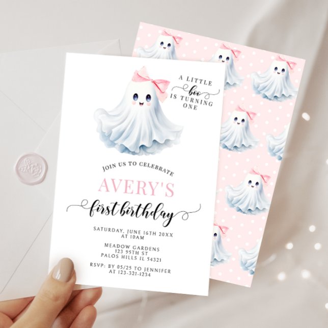 Cute Pink Little Boo Ghost Bow Birthday Girl Invitation (Creator Uploaded)