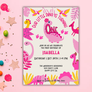 Cute Pink Little Dinosaur Girls 1st Birthday     Invitation