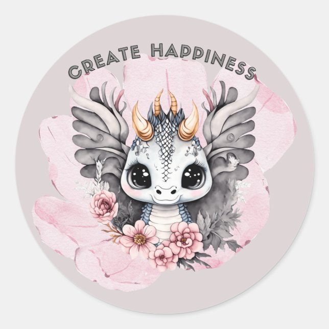 Cute Pink Little Dragon "Create Happiness"  Classic Round Sticker (Front)