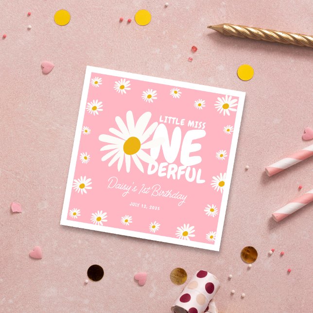 Cute Pink Little Miss ONEderful Daisy 1st Birthday Napkin (Creator Uploaded)