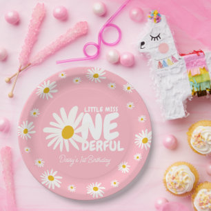 Cute Pink Little Miss ONEderful Daisy 1st Birthday Paper Plate