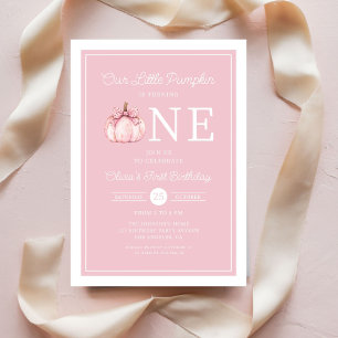 Cute Pink Little Pumpkin 1st Birthday Invitation