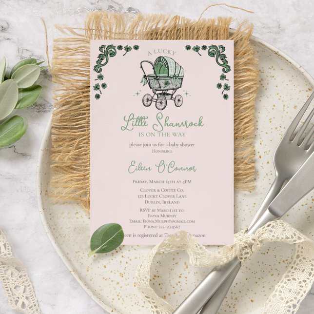 Cute Pink Little Shamrock St Patricks Baby Shower Invitation (Elegant Pink Irish / St Patrick's Day Baby Shower Vintage Baby Carriage & Lucky Green Shamrocks.)
