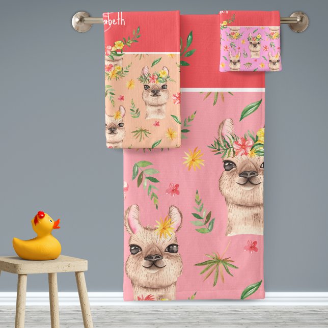 Cute Pink Llama Pattern for Little Girls Bathroom Bath Towel Set (Creator Uploaded)