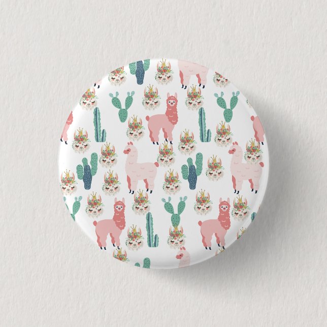 Cute Pink Llama's and Green Cactus 3 Cm Round Badge (Front)