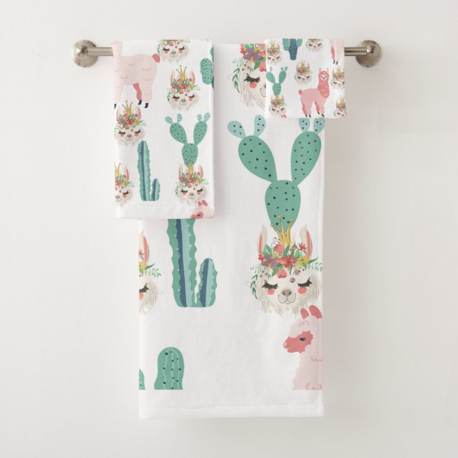 Cute Pink Llama's and Green Cactus Bath Towel Set (Insitu)