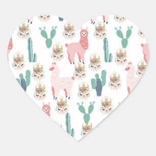 Cute Pink Llama's and Green Cactus Heart Sticker