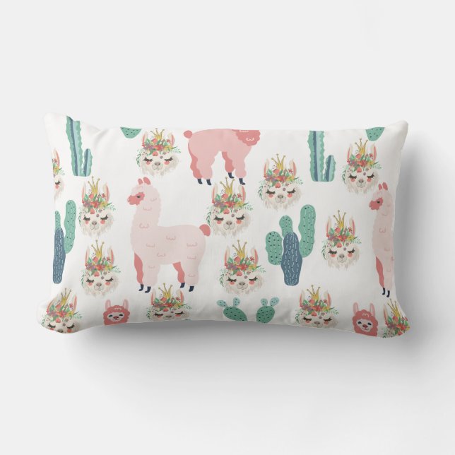 Cute Pink Llama's and Green Cactus Lumbar Cushion (Front)