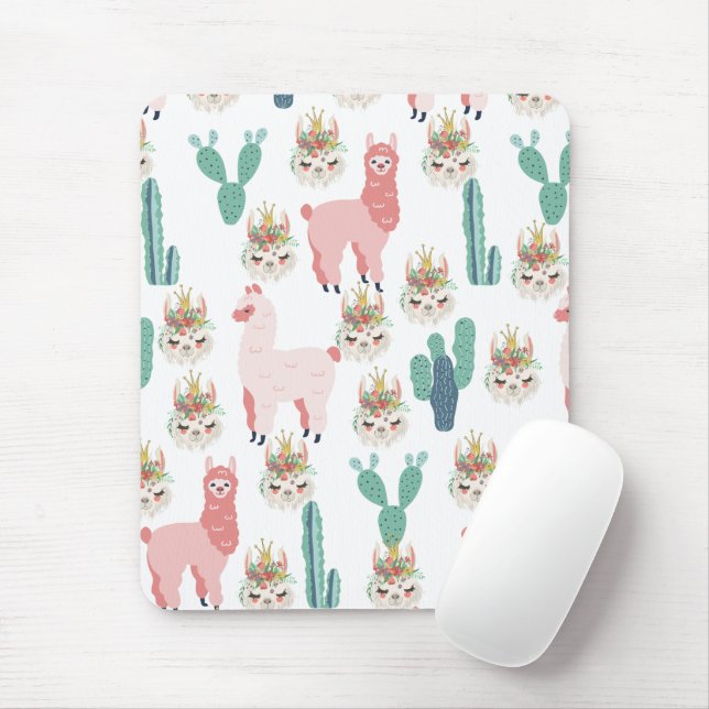 Cute Pink Llama's and Green Cactus Mouse Pad (With Mouse)