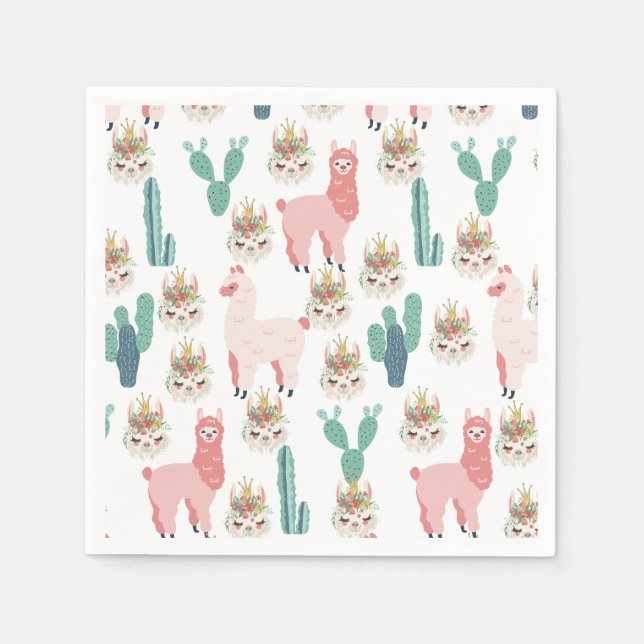 Cute Pink Llama's and Green Cactus Napkin (Front)
