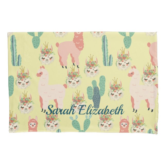 Cute Pink llama's and green cactus Personalised Pillowcase (Front)