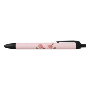 Cute Pink Love Birds and Flowering Roses Black Ink Pen