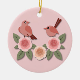 Cute Pink Love Birds and Flowering Roses Ceramic Ornament