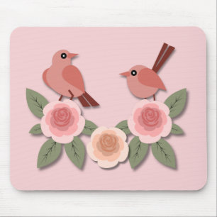 Cute Pink Love Birds and Flowering Roses Mouse Pad
