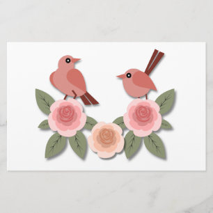 Cute Pink Love Birds and Flowering Roses Stationery