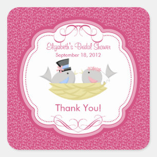 Cute Pink Love Birds Bridal Shower Square Sticker! Square Sticker