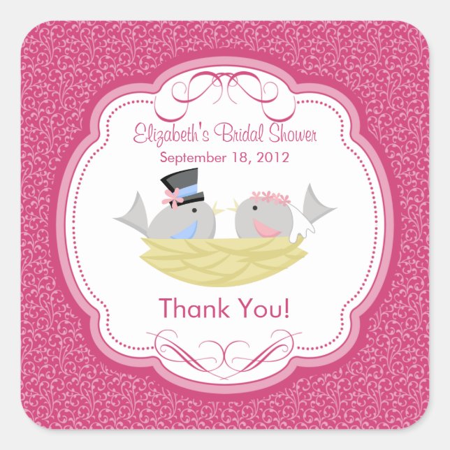 Cute Pink Love Birds Bridal Shower Square Sticker! Sticker (Front)