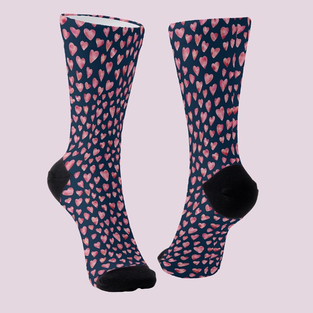 Cute Pink Love Heart Blue pattern socks (Cute pink heart socks on navy blue background.)