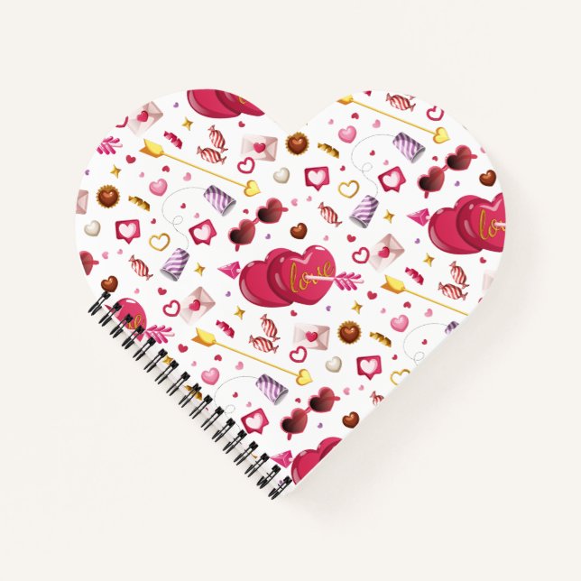 Cute Pink Love Heart & Sweet Treats Fun Pattern Notebook (Front)