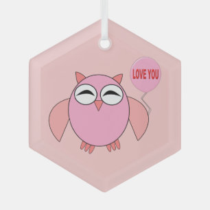Cute Pink Love You Owl Glass Tree Decoration