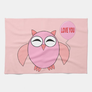Cute Pink Love You Owl Kitchen Towel