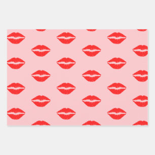 Cute Pink Luscious Red Lips Lipstick Pattern  Wrapping Paper Sheet