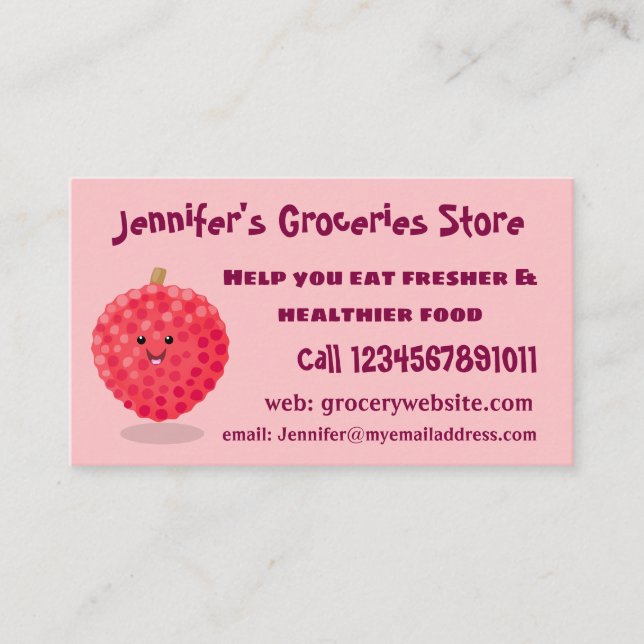 Cute pink lychee cartoon illustration business card (Front)