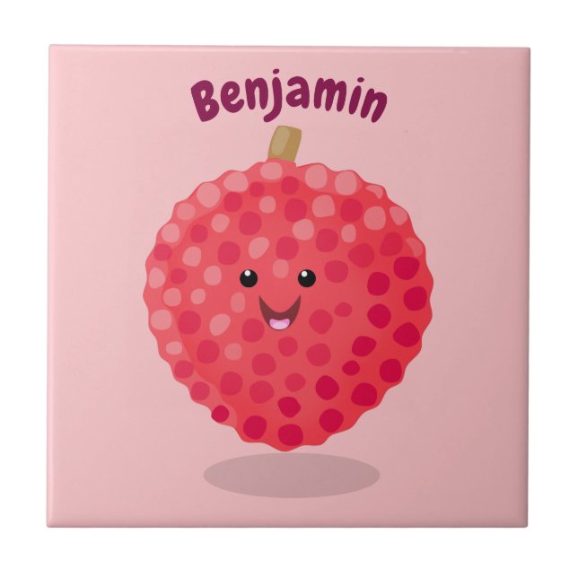 Cute pink lychee cartoon illustration ceramic tile (Front)