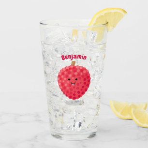 Cute pink lychee cartoon illustration glass