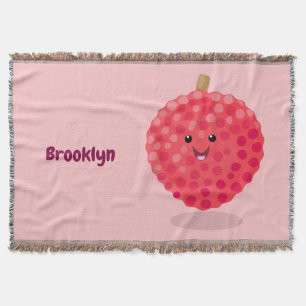 Cute pink lychee cartoon illustration throw blanket