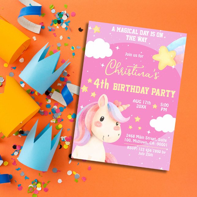 Cute pink magical modern unicorn star 4th birthday invitation (Creator Uploaded)