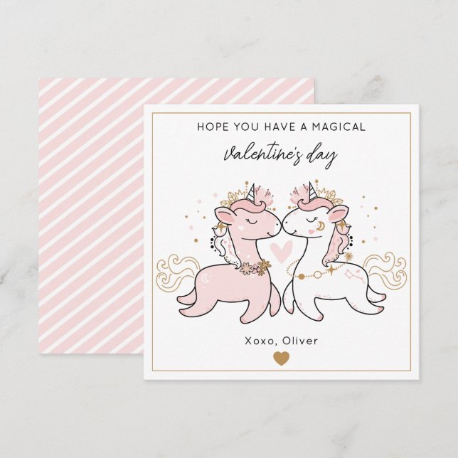 Cute Pink Magical Unicorn Kids Valentine's Day  Card (Front/Back)