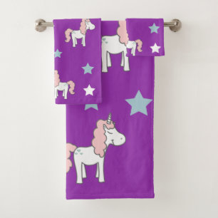 Cute Pink Magical Unicorn Purple Girls Purple Bath Towel Set