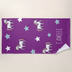 Cute Pink Magical Unicorn Purple Girls Purple Beach Towel