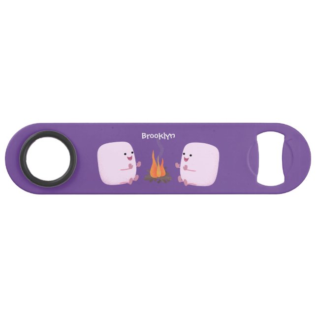 Cute pink marshmallows by camp fire cartoon (Front (Horizontal))