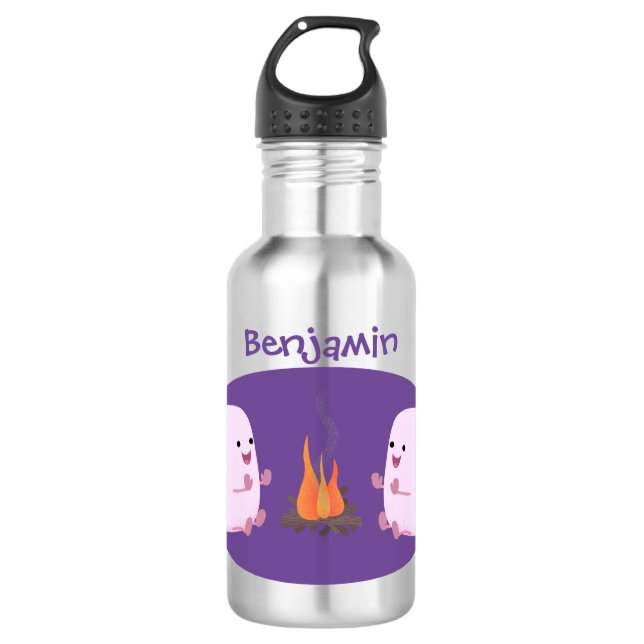 Cute pink marshmallows by camp fire cartoon 532 ml water bottle (Front)