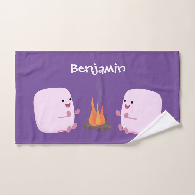 Cute pink marshmallows by camp fire cartoon bath towel set (Hand Towel)