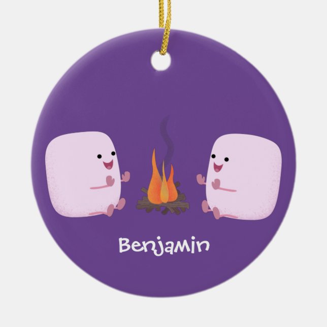 Cute pink marshmallows by camp fire cartoon ceramic ornament (Front)