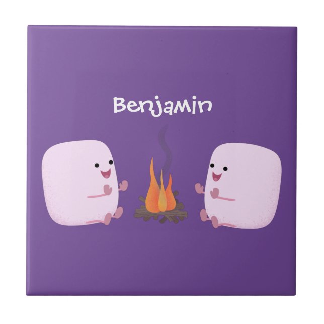 Cute pink marshmallows by camp fire cartoon ceramic tile (Front)